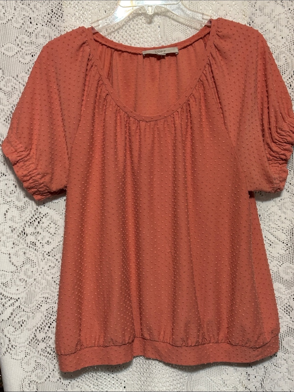 LOFT Coral Rust Textured Puff Sleeve Blouse Size L